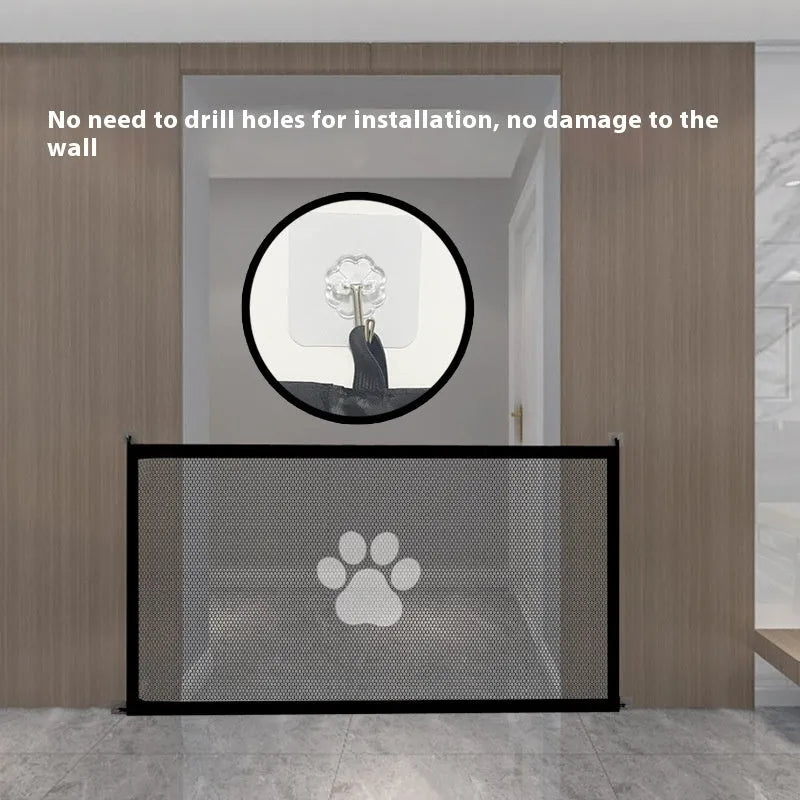 Folding cloth dog barrier fence with plastic rods, shown in dog footprint print, folded and unfolded.