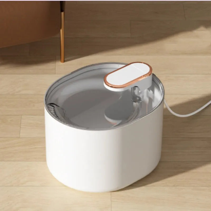 Automatic USB pet water fountain for cats and dogs in blue or white.