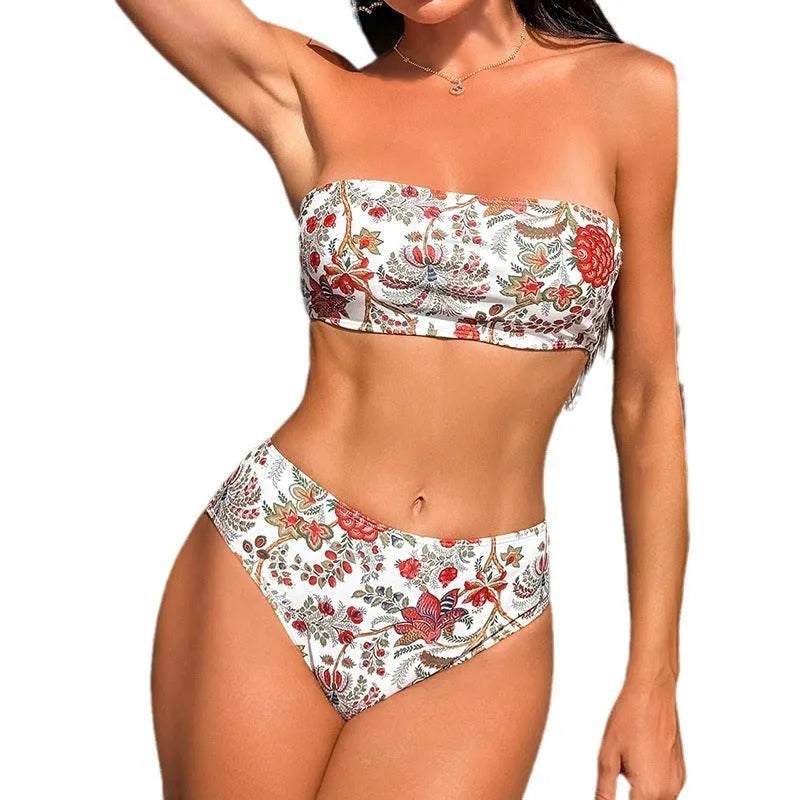 Women's printed bandeau swimsuit top and matching shorts set on a white background.