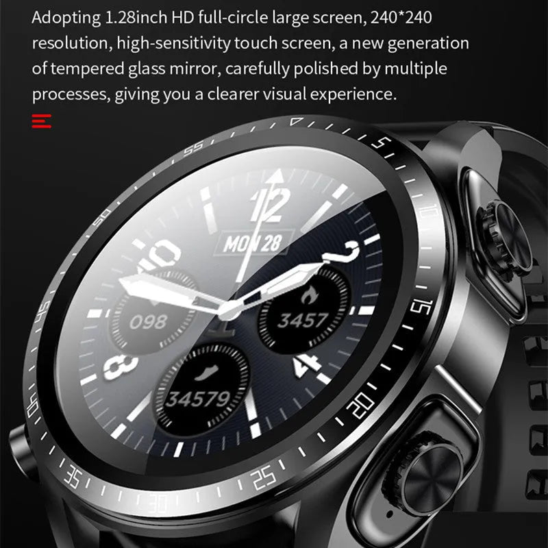 Black smart watch with stainless steel case, round dial, and separate smart bracelet call functionality