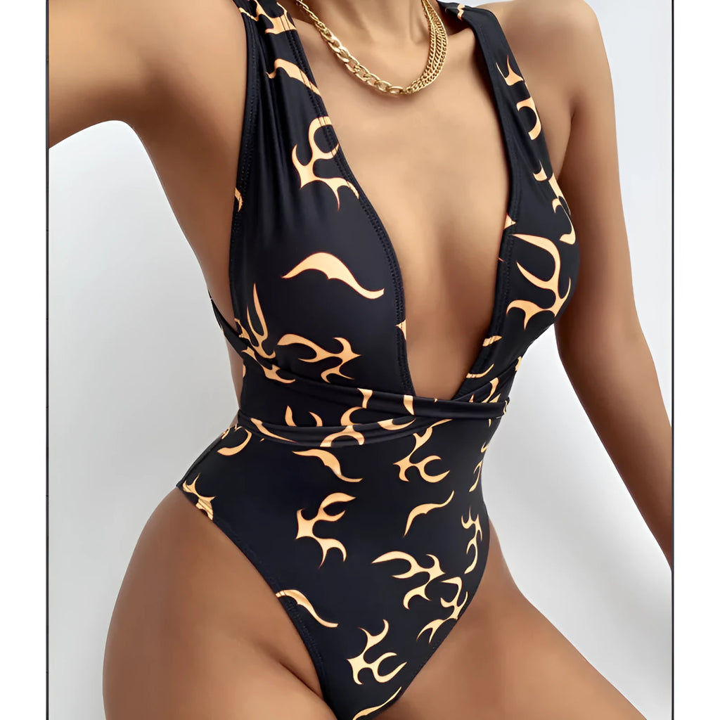 Ladies flame stripe bikini swimsuit two-piece set in flame pattern on a model