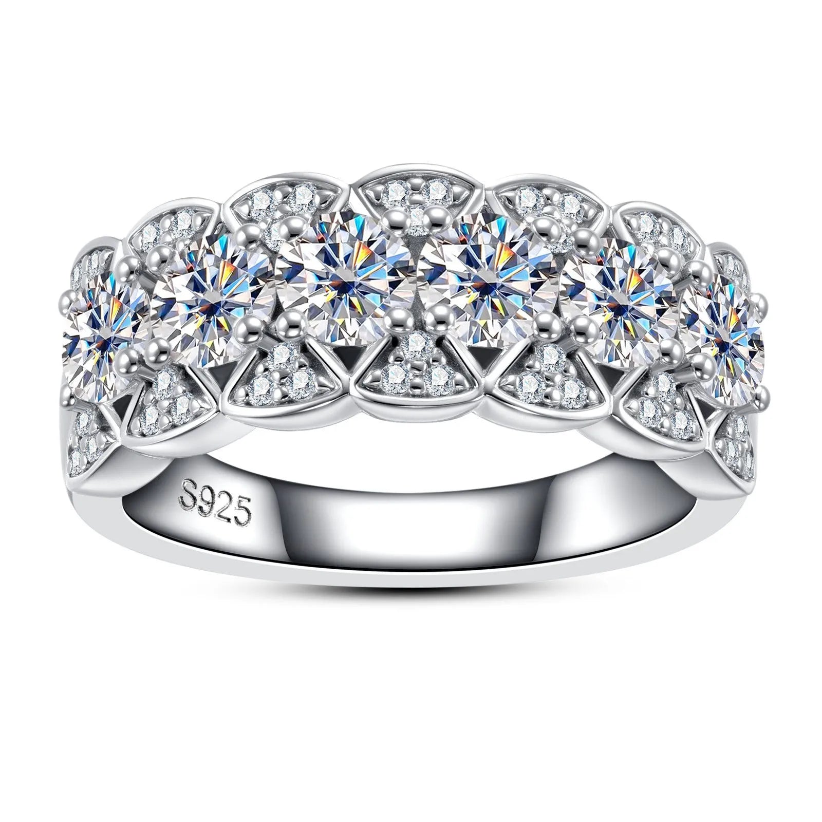 925 silver 18K gold electroplated closed ring with full moissanite and diamond stones, geometric shape, white colour