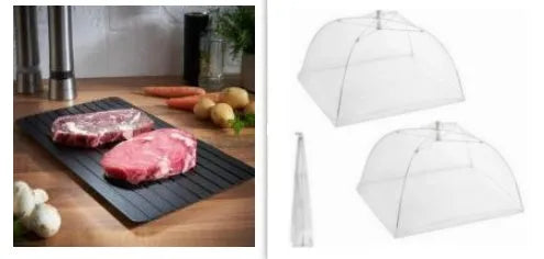 Black aluminium defrosting tray for thawing frozen meat without microwave