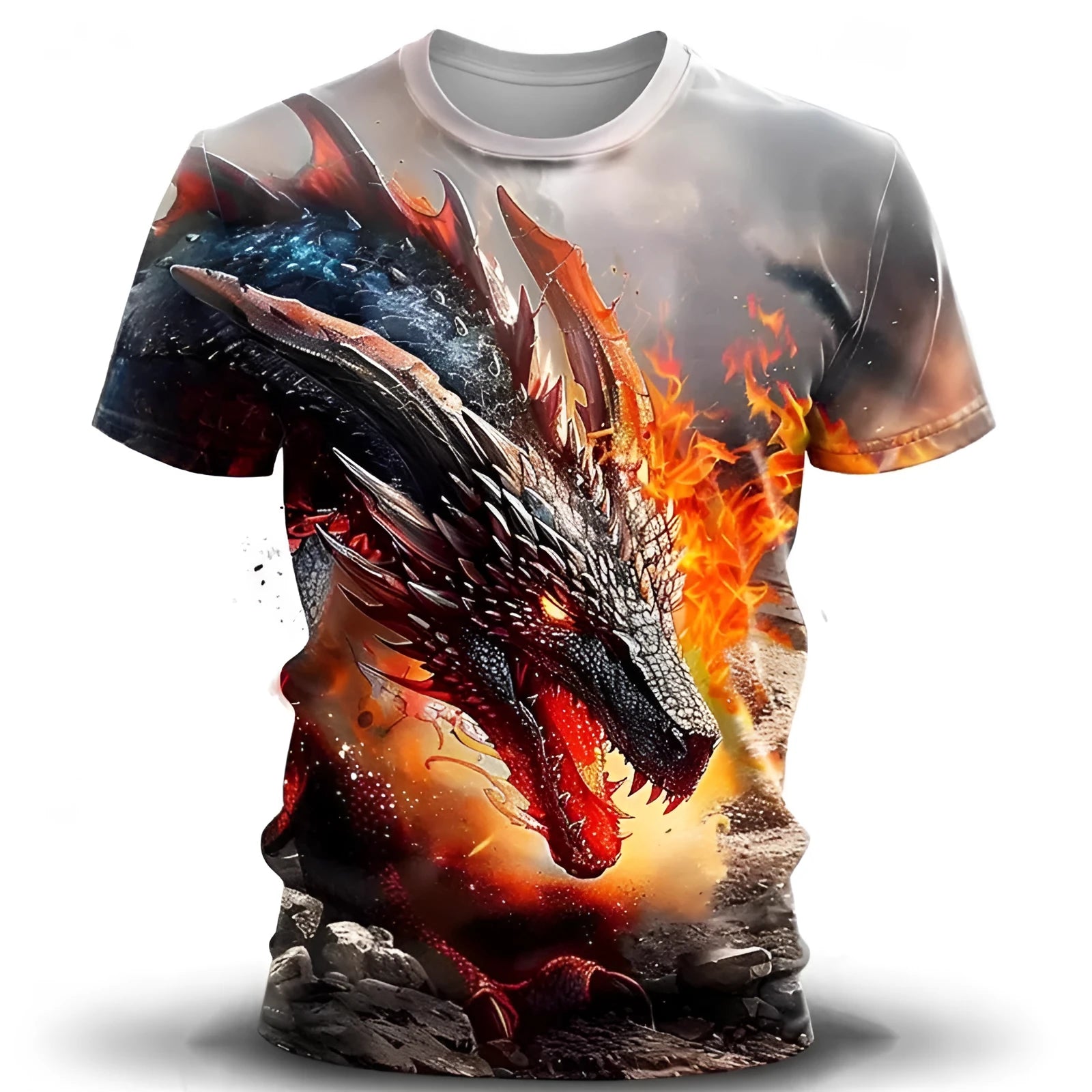 Men's short-sleeved black T-shirt featuring a large, detailed 3D wind dragon print on the front.