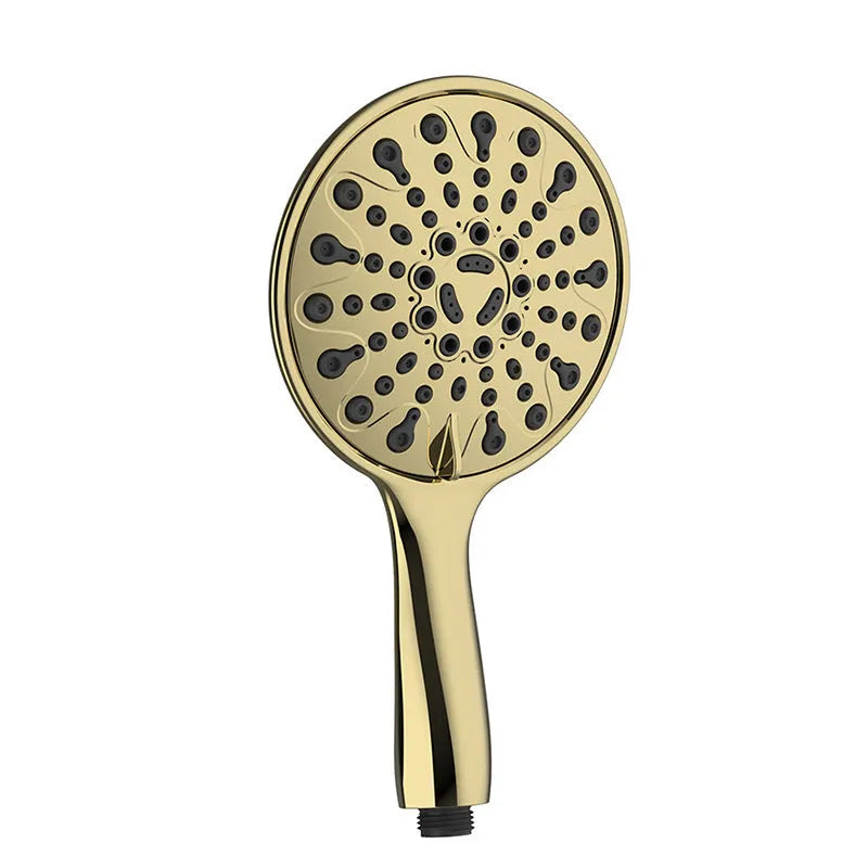 Six-function handheld shower head with electroplated finish and 6-inch diameter face.
