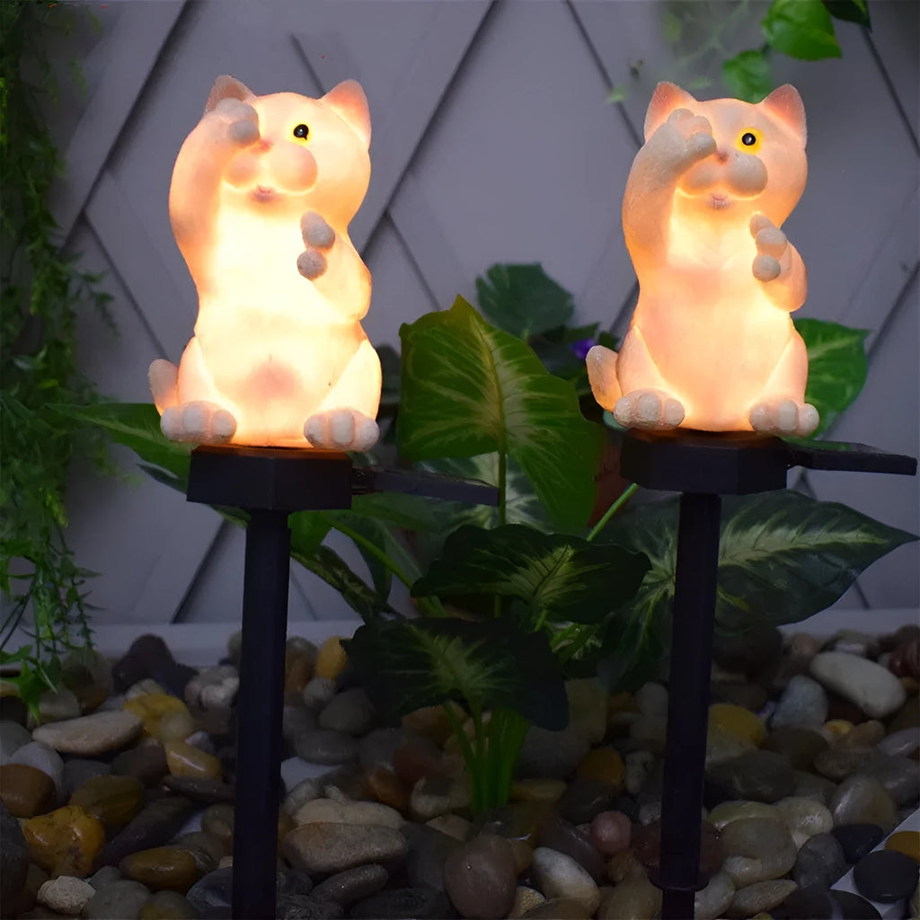 Solar cat lawn light in brown colour for garden pathway illumination