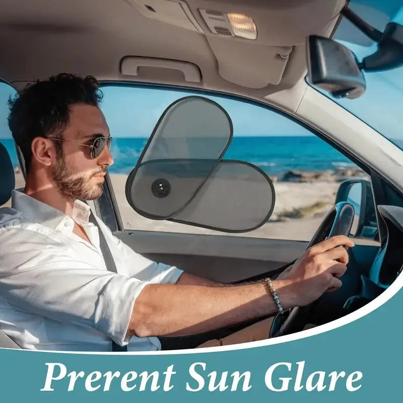 Black stretchy car window shade with suction cups attached to a car side window.