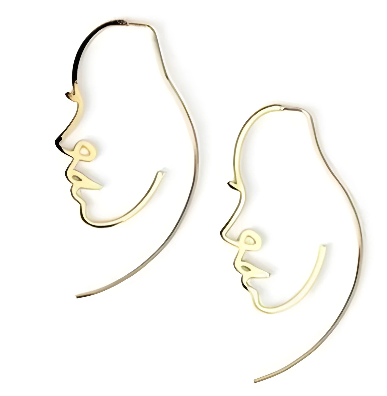 Creative abstract face contour earrings in gold and silver metal finishes, 75 by 35mm