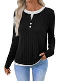 Women's black concave stripe fake two-piece pullover sweater with long sleeves and round neck.