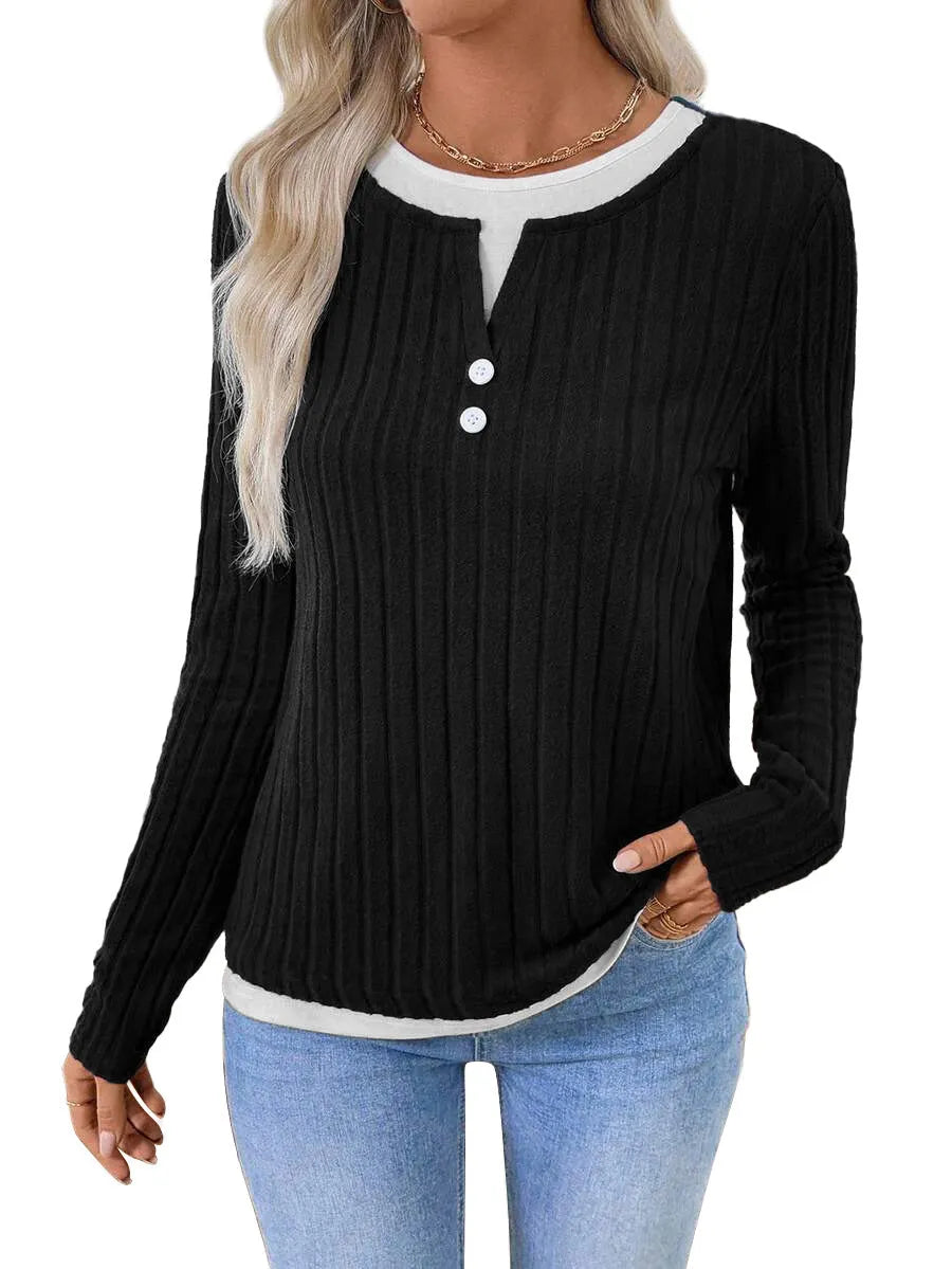 Women's black concave stripe fake two-piece pullover sweater with long sleeves and round neck.