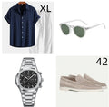 A navy blue loose-fit cotton linen short-sleeve suit for summer, shown with glasses, shoes, and a watch.