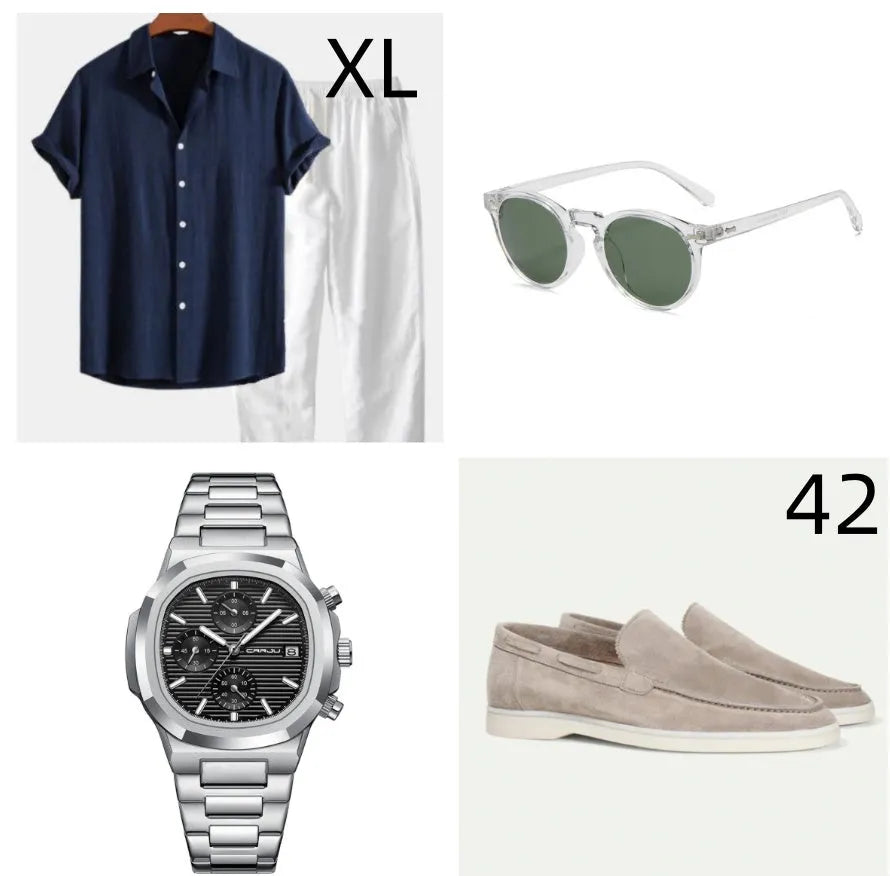 A navy blue loose-fit cotton linen short-sleeve suit for summer, shown with glasses, shoes, and a watch.