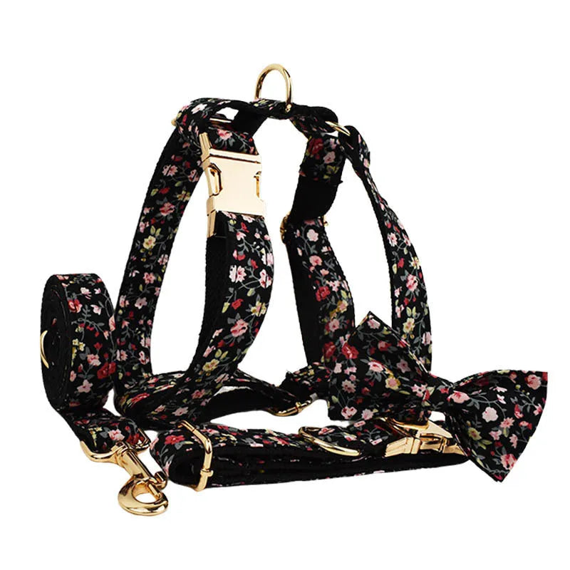 Printed pet collar and leash set with matching dog vest and removable bow accessory