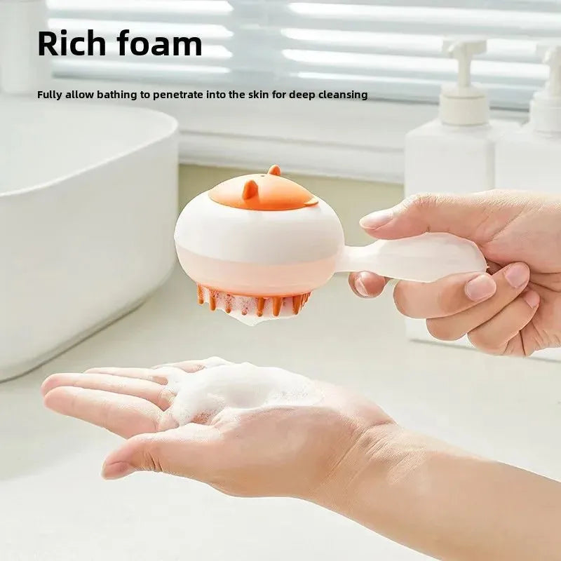 Automatic cleaning pet bath brush with soft gel massage pads in blue and orange colour options