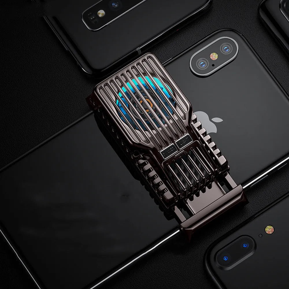 Black mobile phone radiator clip cooling fan for smartphones showing clip mechanism and aluminium alloy construction
