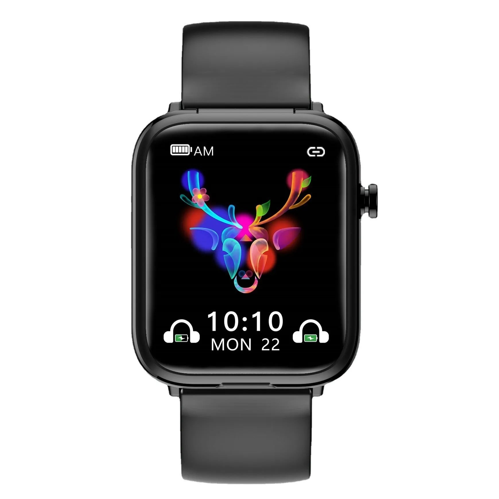 Black smartwatch with 1.69-inch touch screen and integrated Bluetooth earpieces in charging case.