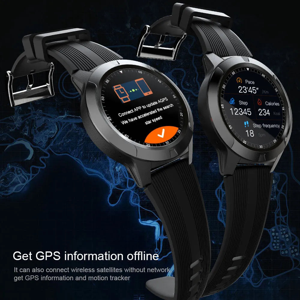Black men's smart watch with 1.3 inch screen showing exercise tracking interface