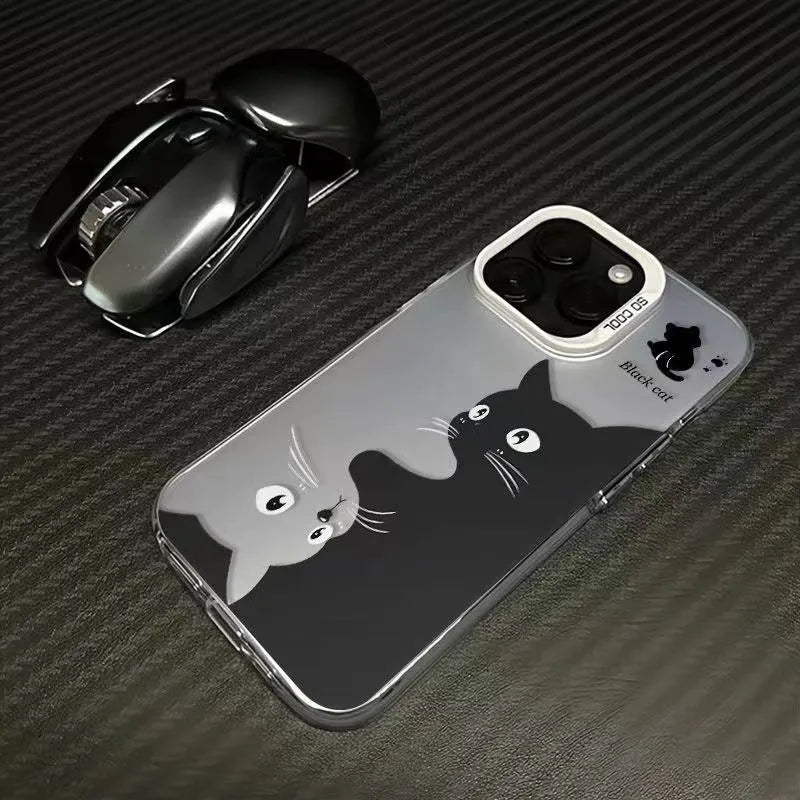 Cute art black cat hard shell PC phone case for Apple iPhone in black, pink, green, white colours
