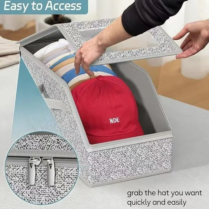 Grey foldable and stackable woven fabric storage box with lid for baseball caps and organisation.