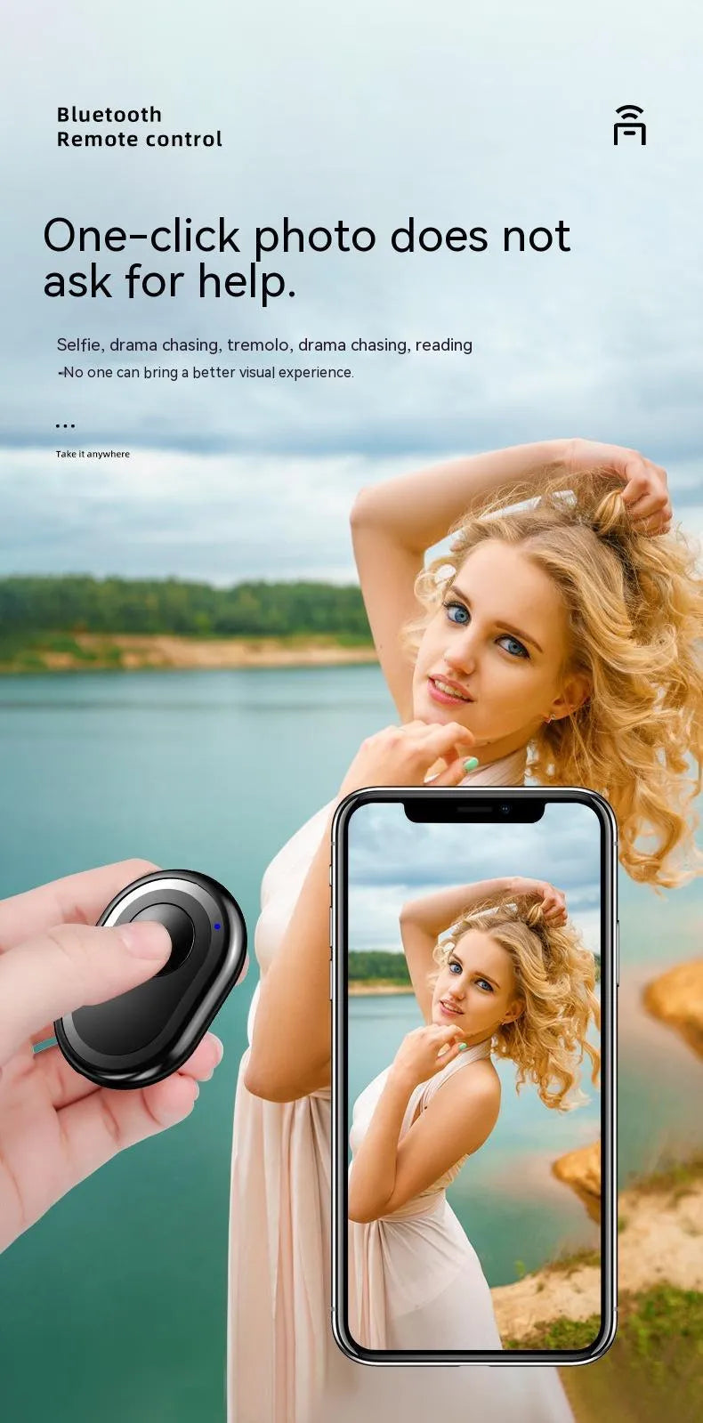 Wireless Bluetooth remote control for smartphone photography in black, pink, or purple colours