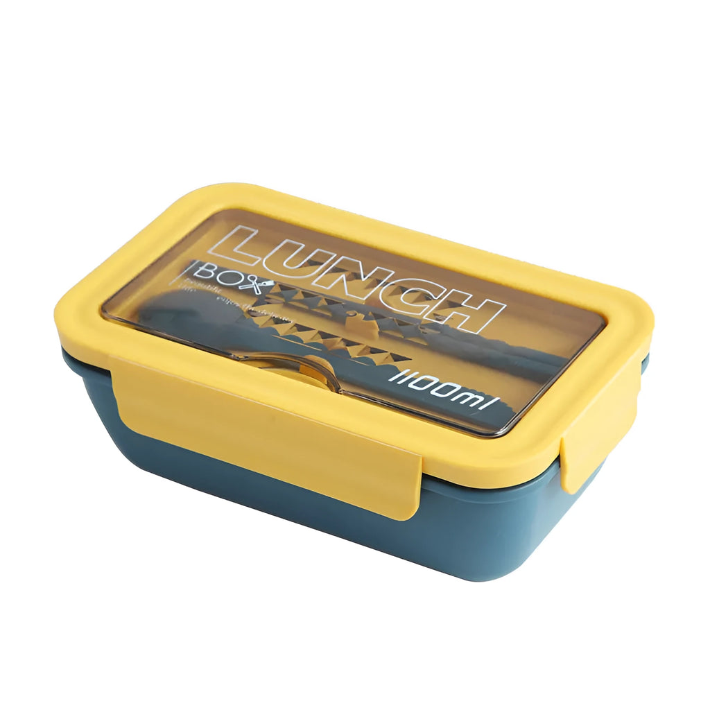 Green four-layer partitioned plastic bento box with lid, showing separate food compartments.