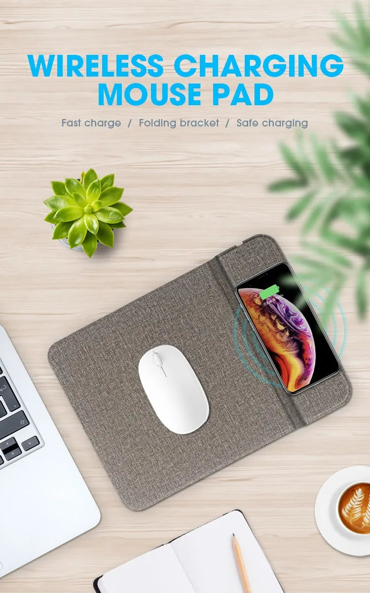 Grey foldable cloth phone holder with black plastic base for 10W Qi wireless charging.
