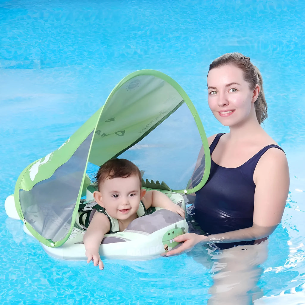 Green dinosaur baby floating swimming ring with sun shade for children 3-24 months