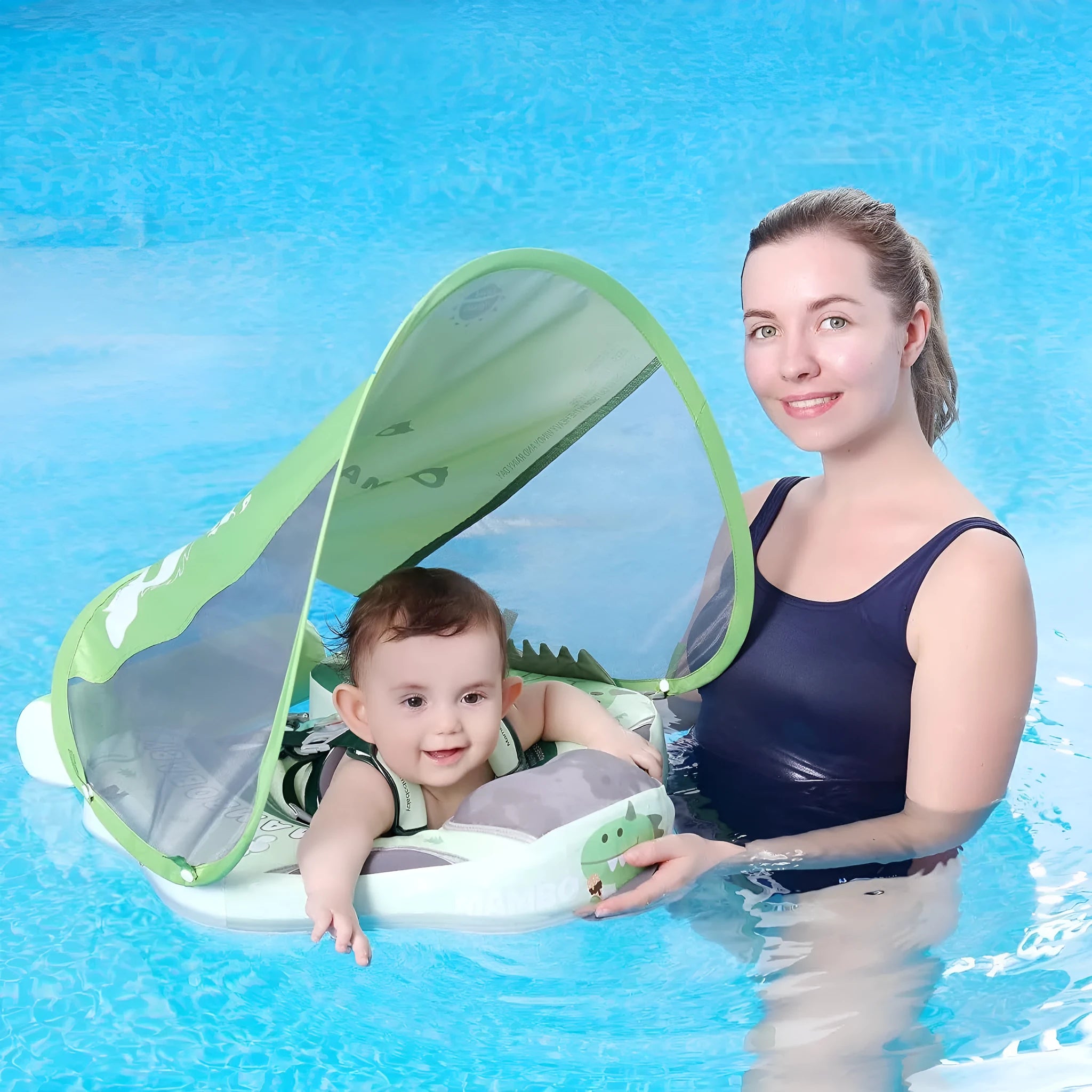 Green dinosaur baby floating swimming ring with sun shade for children 3-24 months