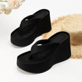 Thick soled slippers for women in black with PU upper and rubber sole, round toe design