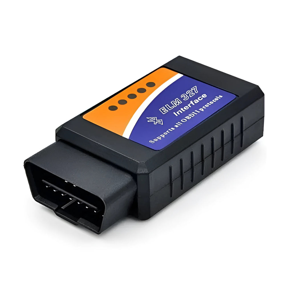 Small black OBD2 Bluetooth scanner car diagnostic code reader next to a vehicle's diagnostic port.