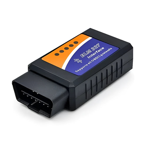 Small black OBD2 Bluetooth scanner car diagnostic code reader next to a vehicle's diagnostic port.