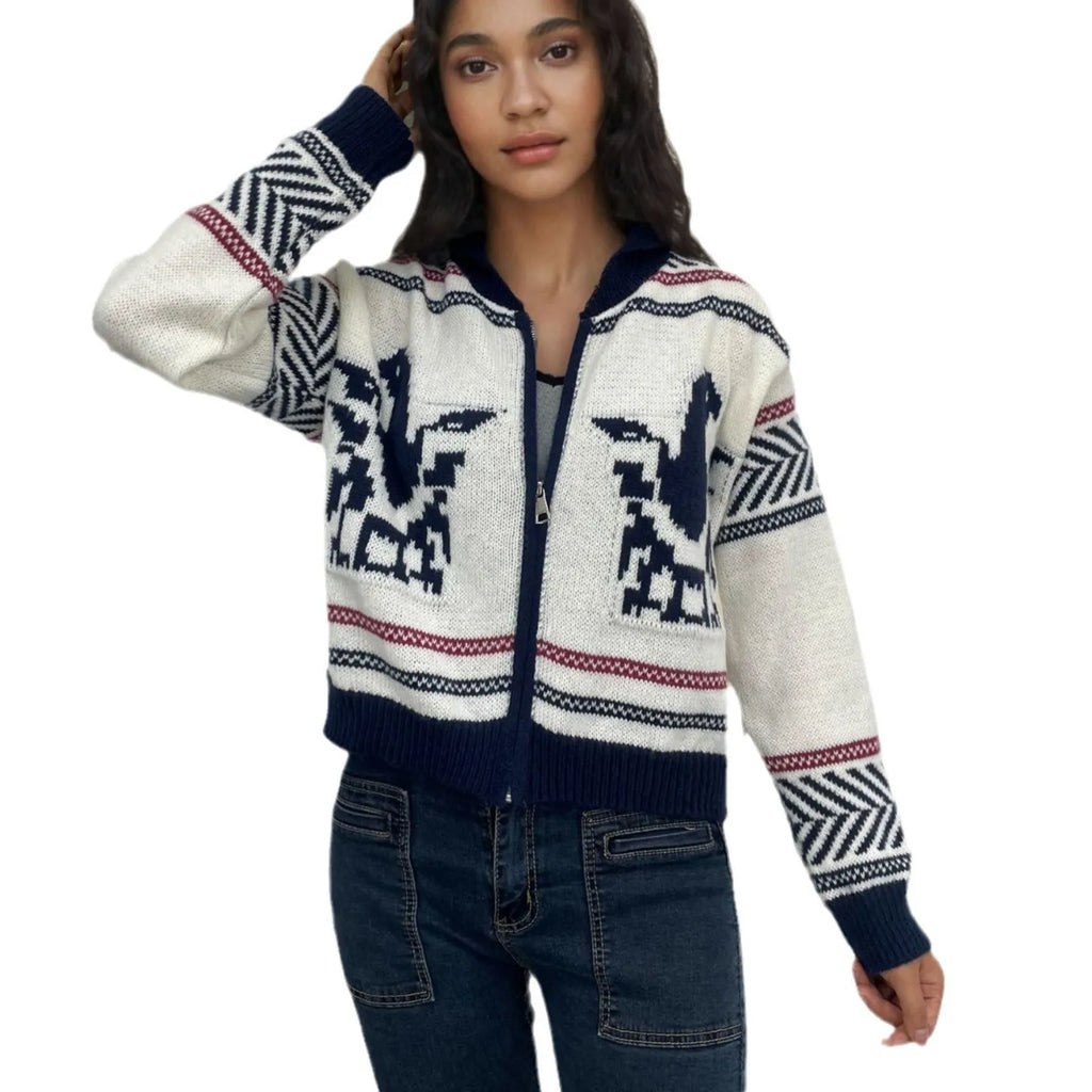 White women's zip-front cardigan with a lapel collar and jacquard knit pattern.