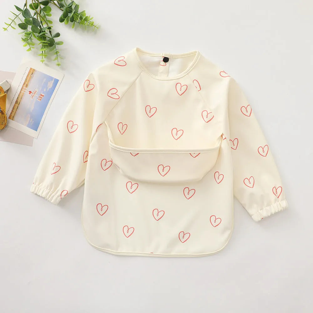 Children's long-sleeved PU upper pocket bib with cartoon pattern, pink dot colour, size S