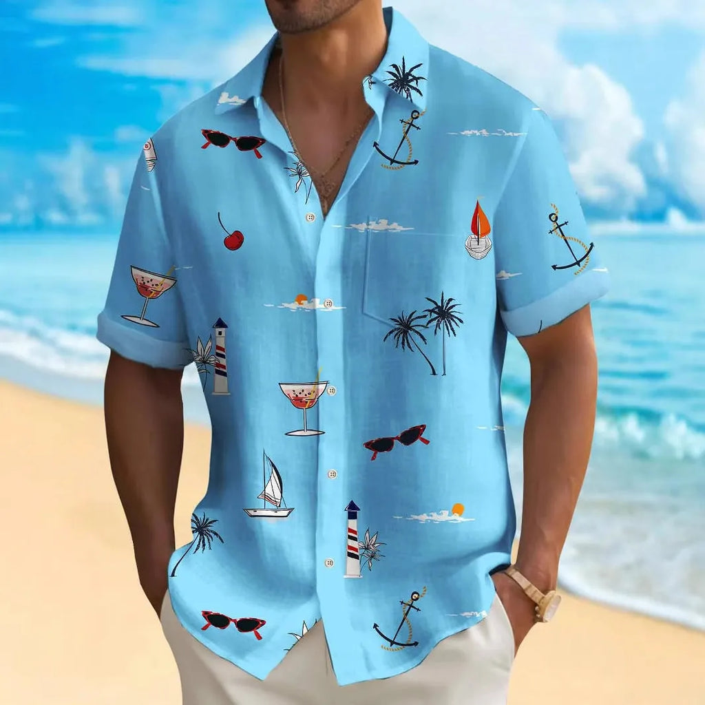 Man wearing a colourful loose-fit Hawaiian print short sleeve shirt.