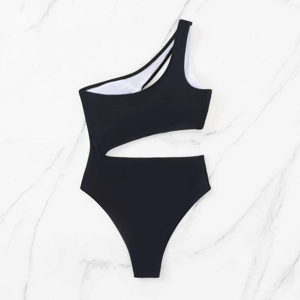 Black women's one-piece swimsuit with hollow design and contrast stitching detail