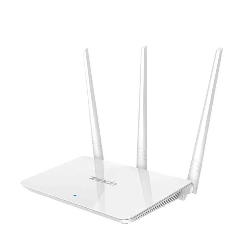 White rectangular dual-band wireless router with status LEDs, shown on a wooden surface.
