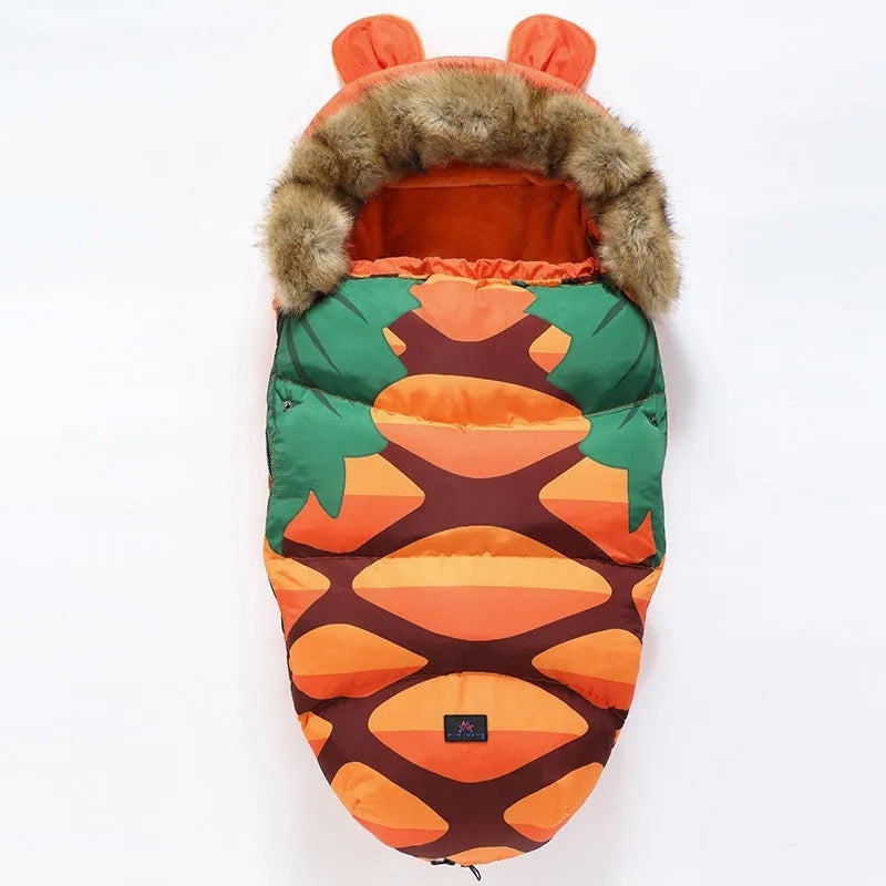 Baby warm cocoon style sleeping bag on a neutral background demonstrating solid colour design with zip closure