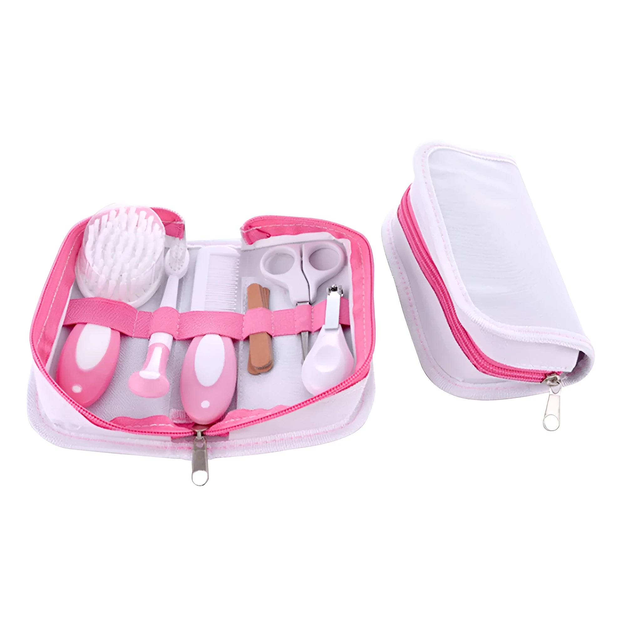 6-piece baby nail care comb set in crimson cherry pink storage case with multiple material tools