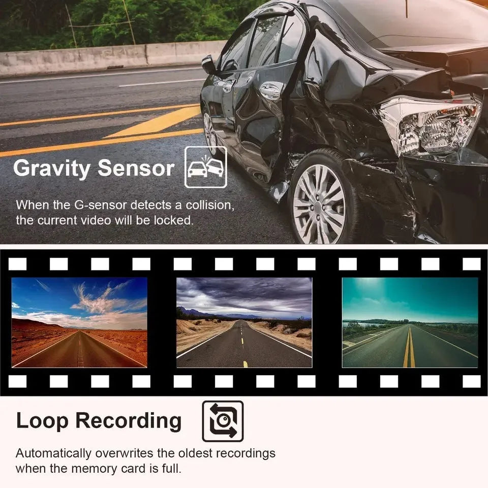Black 1080P car dash cam with touch screen and wide-angle lens for vehicle recording