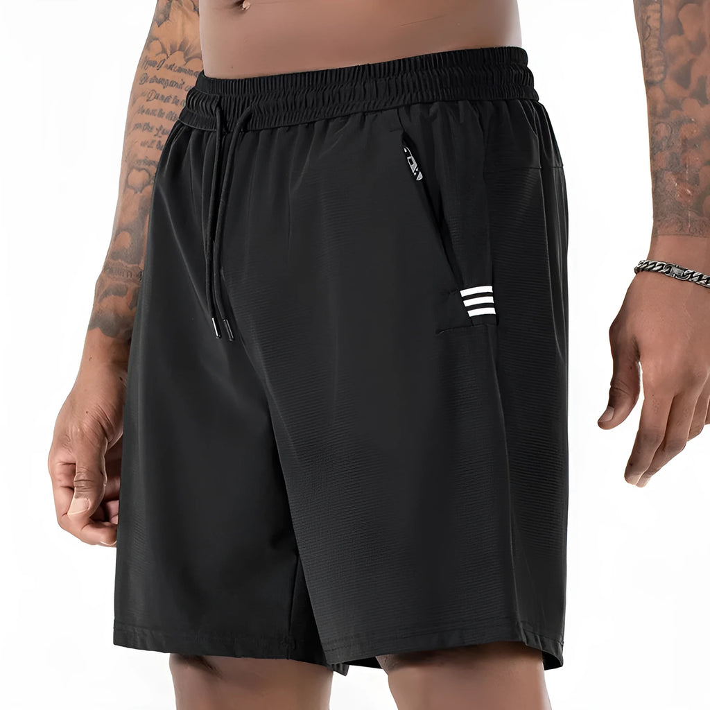 Men's black Ice Silk sports shorts with elastic high waist and straight cropped leg.