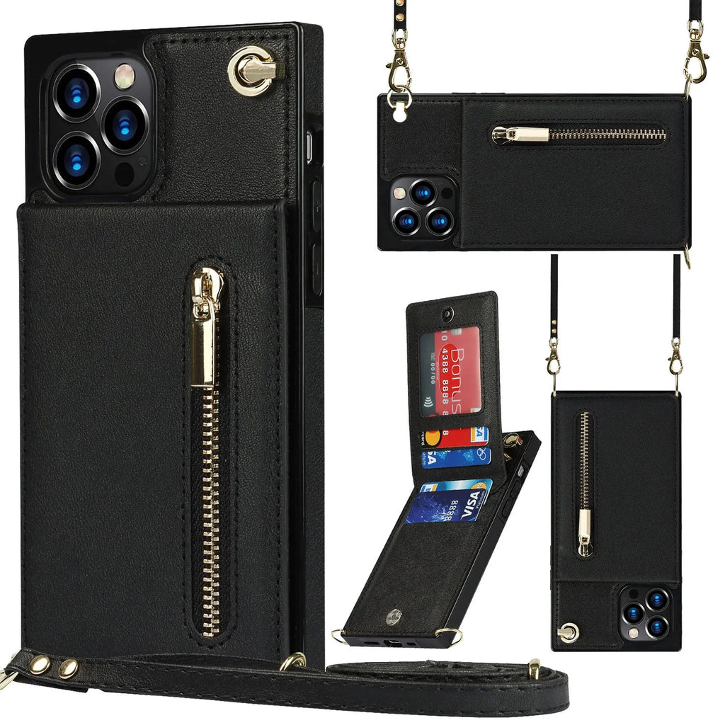 Leather and TPU messenger-style protective case for mobile phone in solid colour.