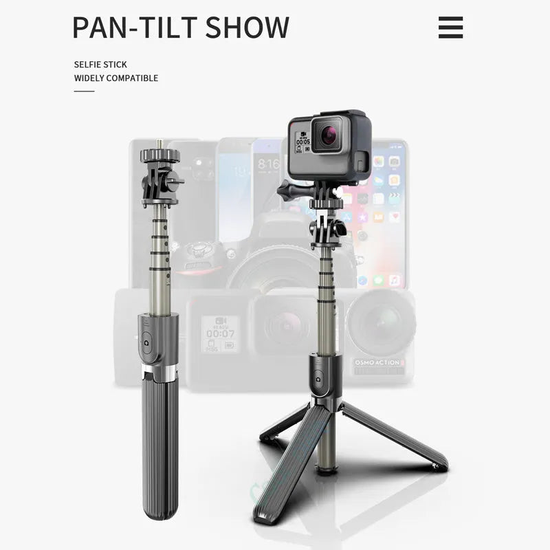 Black adjustable aluminium phone tripod selfie stick extended next to an Apple iPhone.