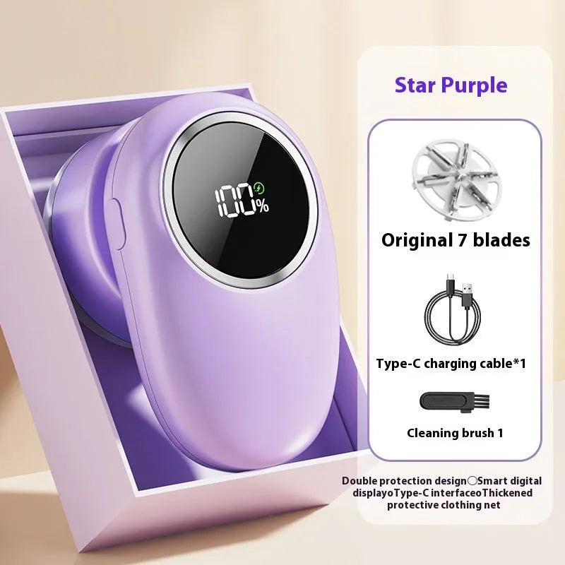 Purple and beige digital display fur ball trimmer with multiple cutter head options