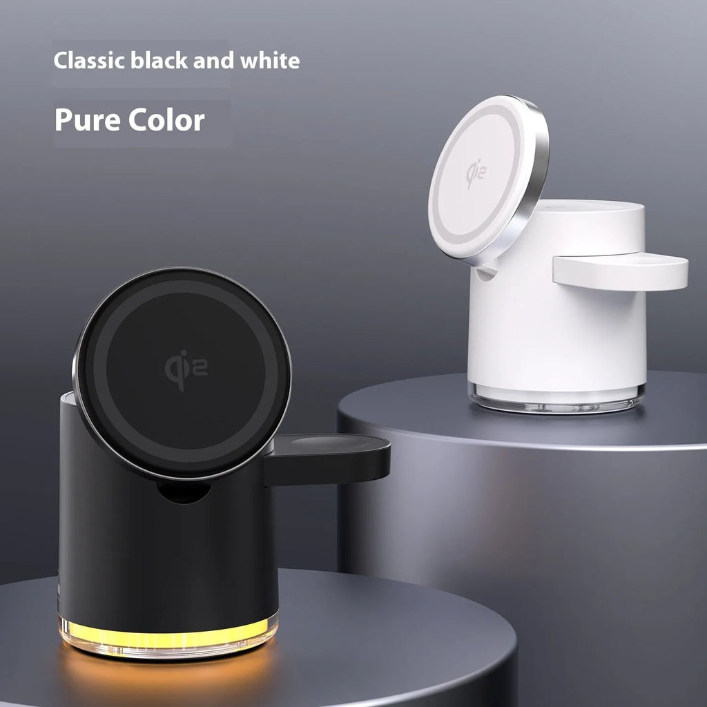 C16 folding magnetic wireless charger for phone, watch and earphones in black and white colours.