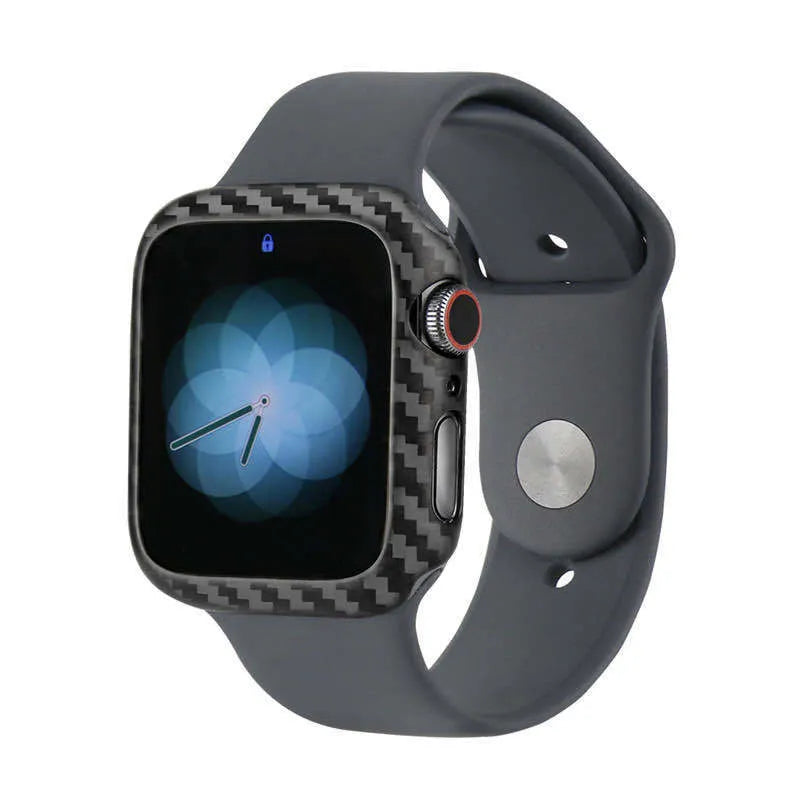 Half wrap leather case for Apple Watch 4 in 44mm size, shown in black with carbon fibre details