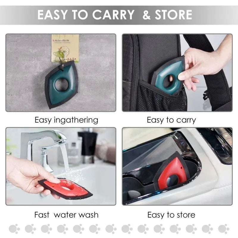 Silicone pet hair remover brush in red colour on a fabric sofa.