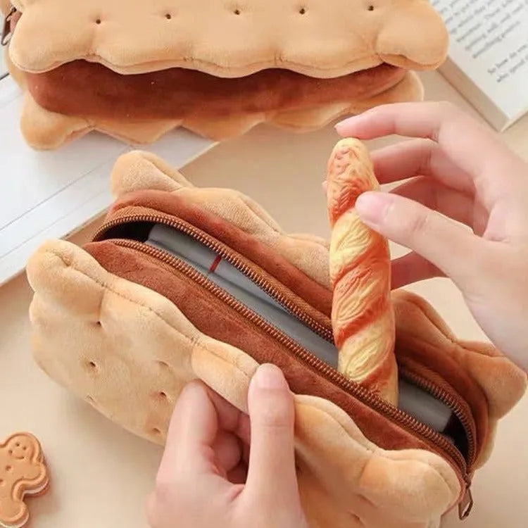 Sandwich biscuit plush pencil bag in plush material with cartoon design, suitable for school stationery storage