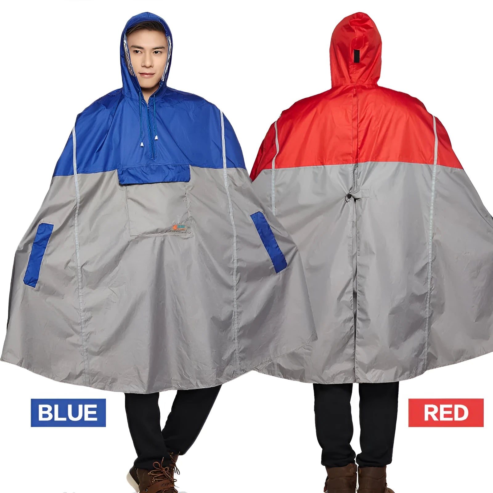 Multifunctional riding raincoat bicycle poncho in blue with hood, 109cm length, PU glue fabric