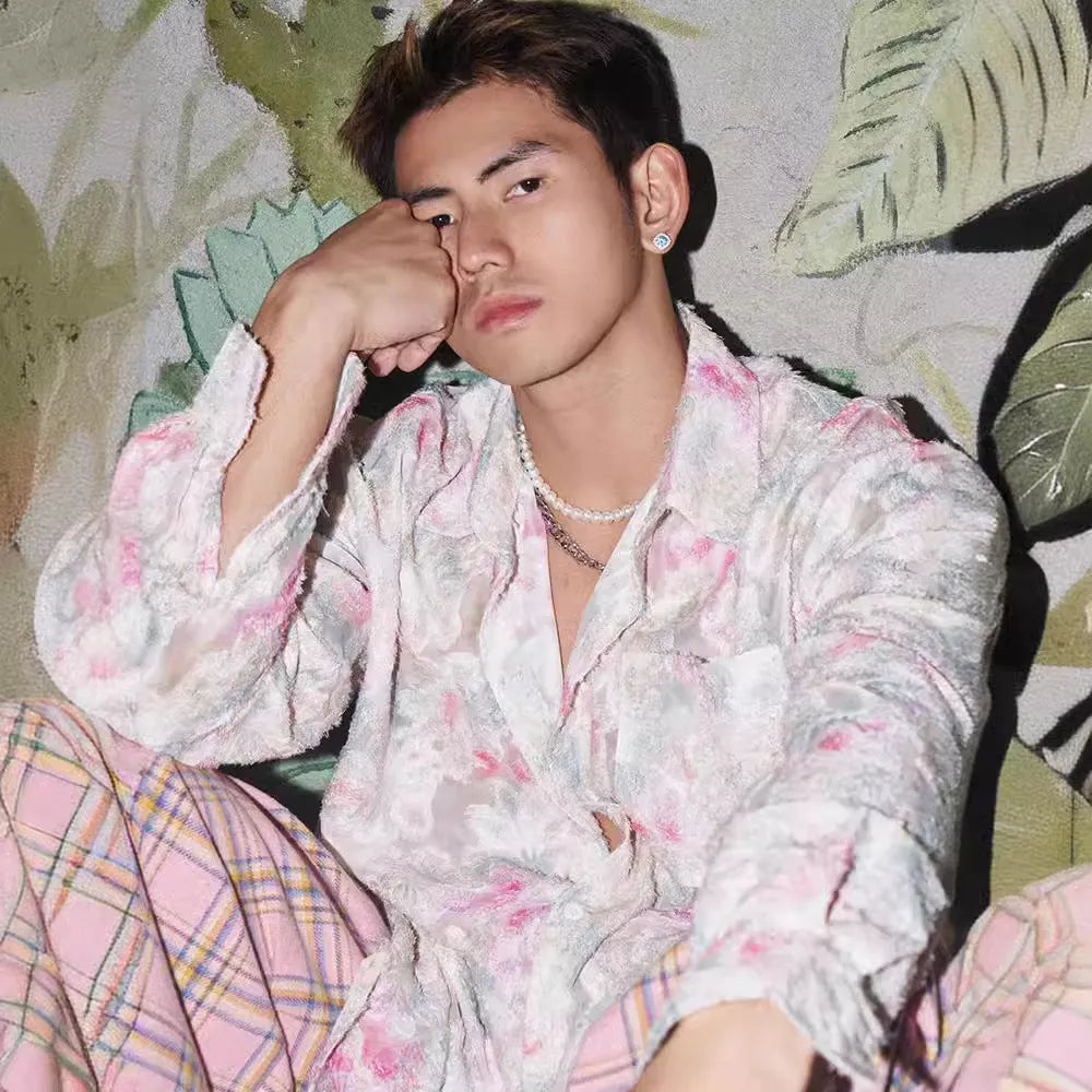 Floral long sleeve shirt with embossed pattern in blue and pink colours, loose fit for spring summer.