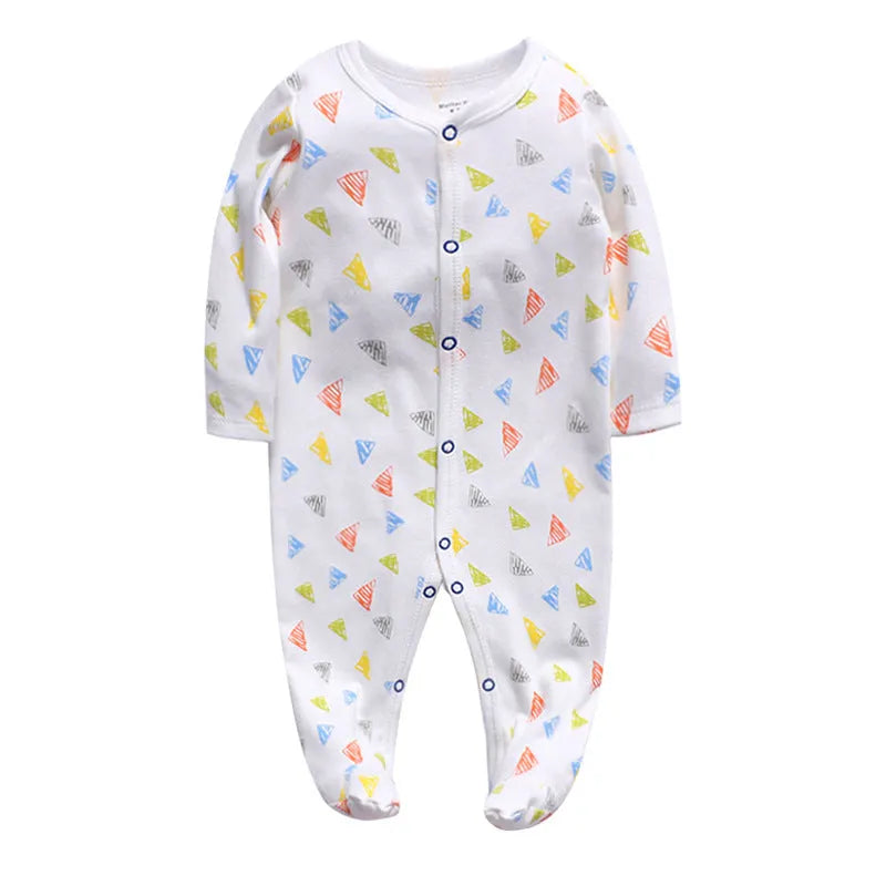 A soft cotton baby one-piece garment featuring a dinosaur print, shown on a hanger.